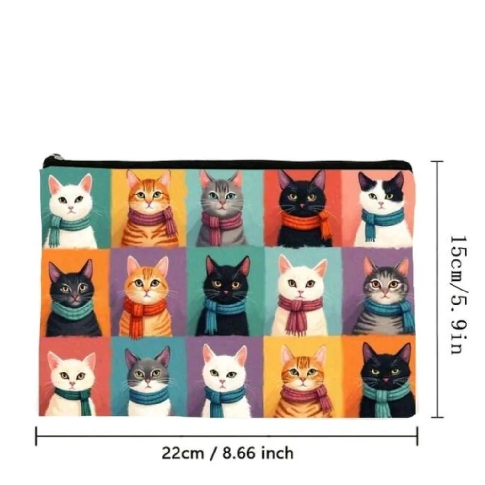 Colorful Cat Print Colorblock Canvas Travel Pouch Zipper Cat Lover Purse